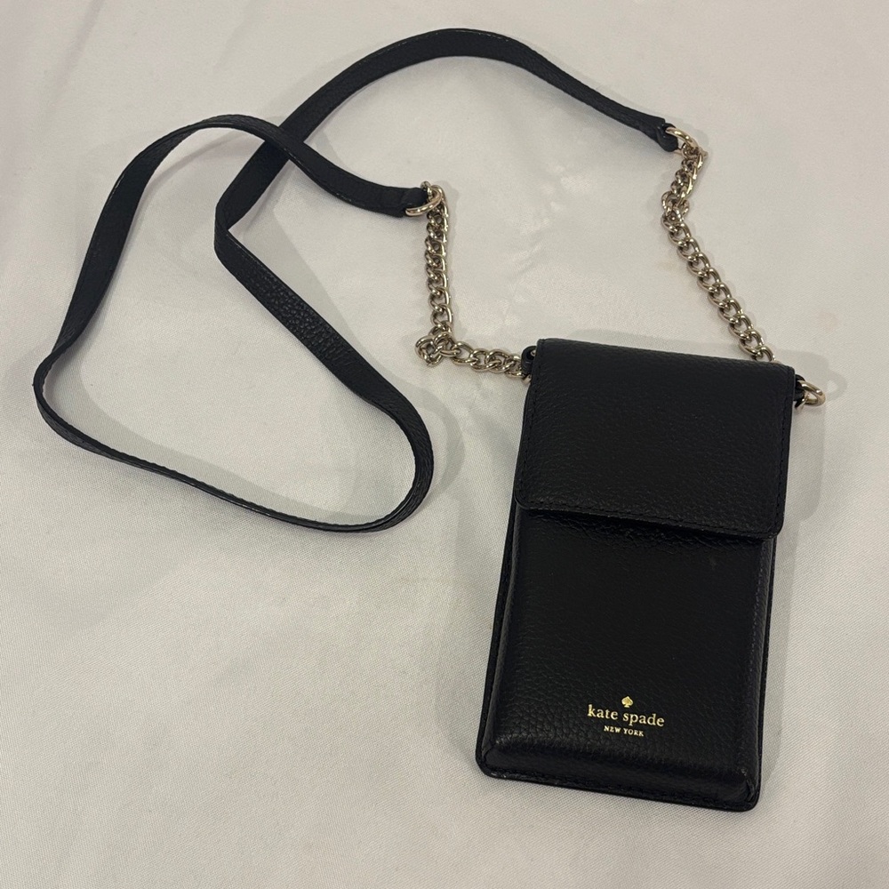 Kate Spade Black Leather Phone Crossbody with Gold Accents